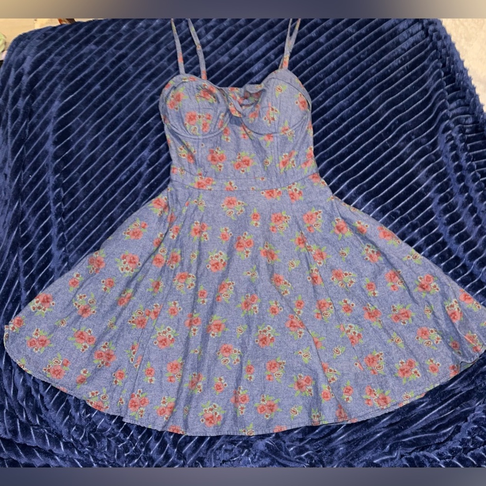 Jessica Simpson Ava Floral Chambray bustier dress denim medium pockets
